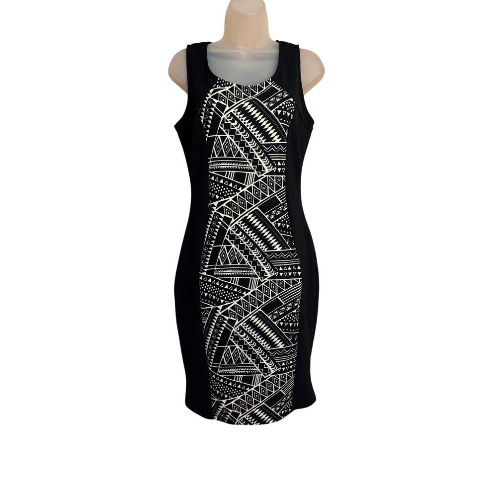 Andrea Missy geometric aztec tribal  Y2K retro black sleeveless sheath dress szL